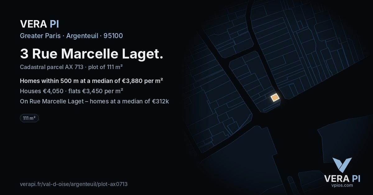 3 Rue Marcelle Laget, Argenteuil at night – the plot lit, the parcels around coloured by the prices near them