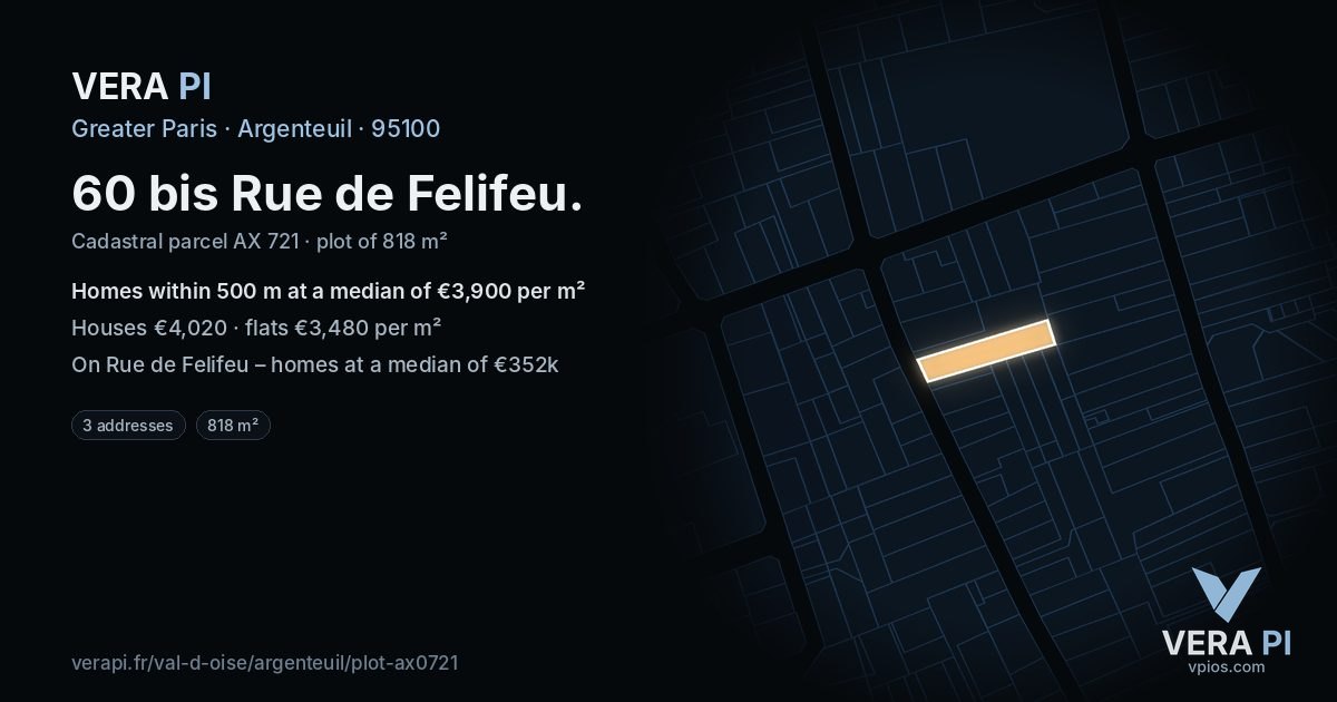 60 bis Rue de Felifeu, Argenteuil at night – the plot lit, the parcels around coloured by the prices near them