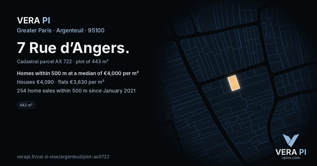 7 Rue d’Angers, Argenteuil at night – the plot lit, the parcels around coloured by the prices near them