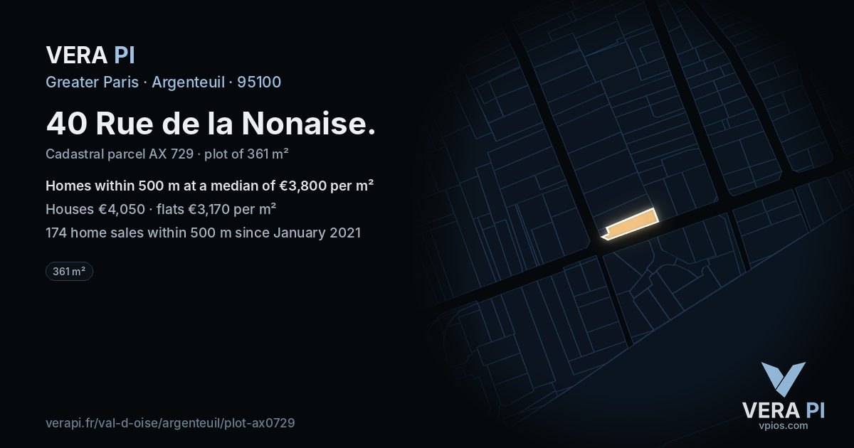 40 Rue de la Nonaise, Argenteuil at night – the plot lit, the parcels around coloured by the prices near them