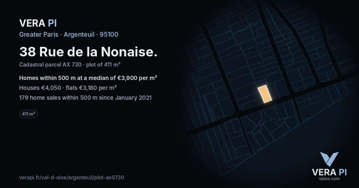 38 Rue de la Nonaise, Argenteuil at night – the plot lit, the parcels around coloured by the prices near them