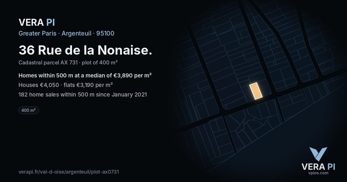 36 Rue de la Nonaise, Argenteuil at night – the plot lit, the parcels around coloured by the prices near them