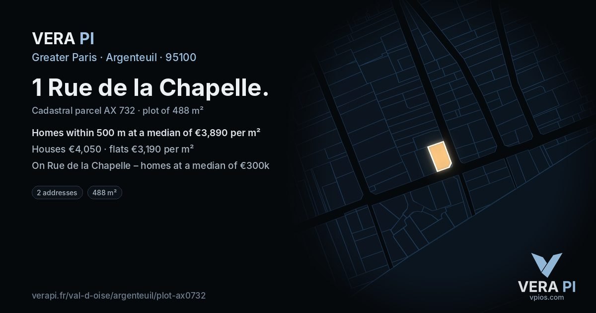 1 Rue de la Chapelle, Argenteuil at night – the plot lit, the parcels around coloured by the prices near them