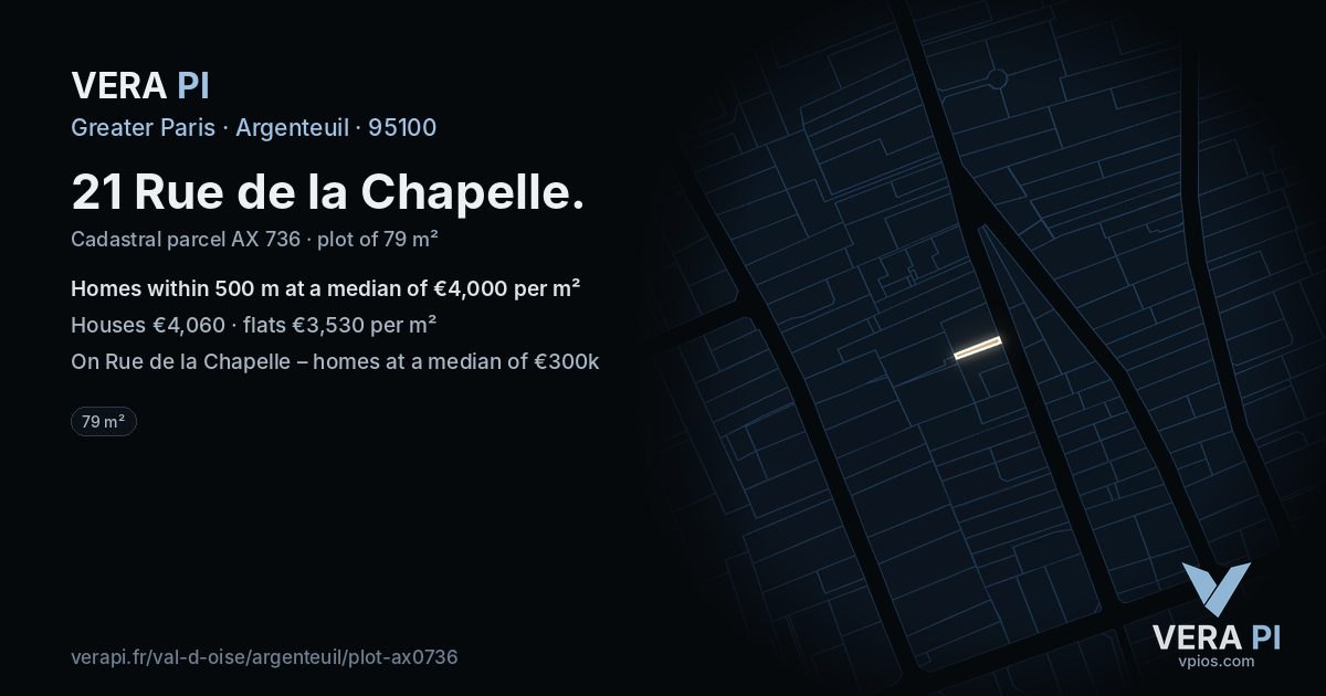 21 Rue de la Chapelle, Argenteuil at night – the plot lit, the parcels around coloured by the prices near them