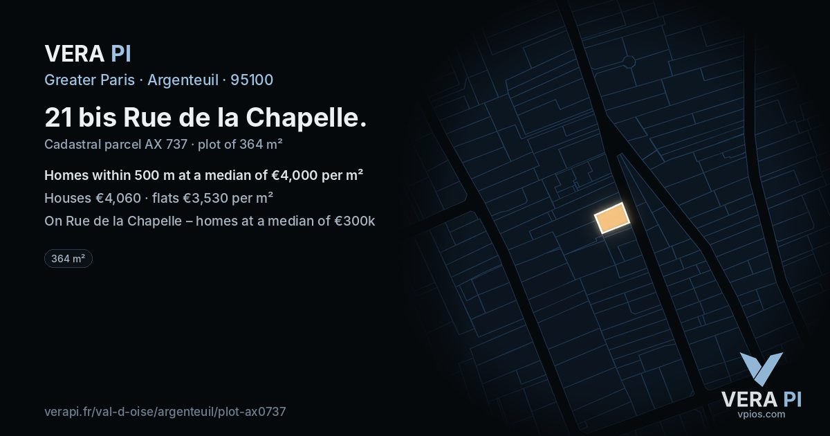 21 bis Rue de la Chapelle, Argenteuil at night – the plot lit, the parcels around coloured by the prices near them