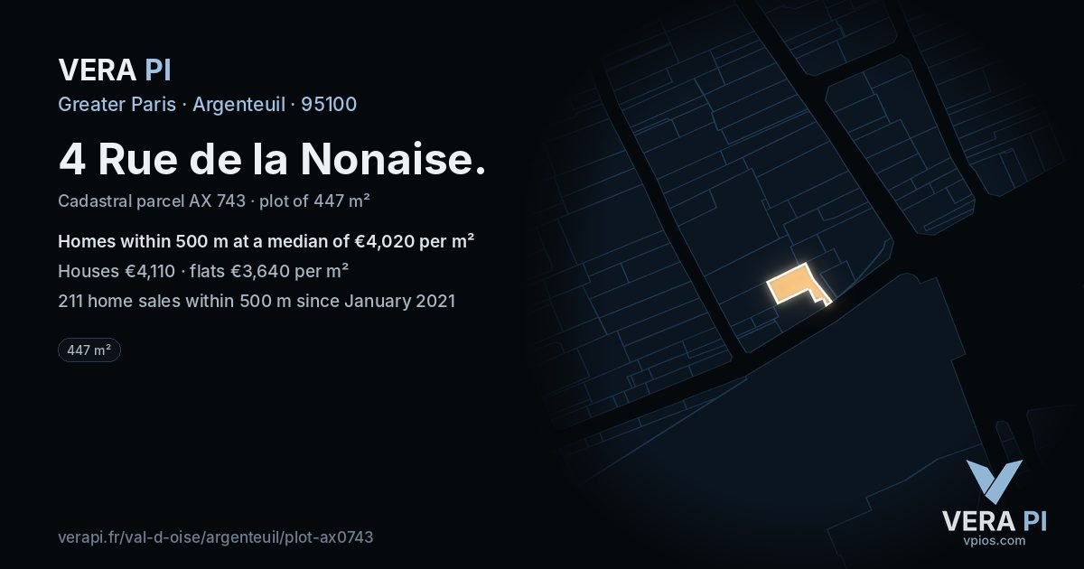 4 Rue de la Nonaise, Argenteuil at night – the plot lit, the parcels around coloured by the prices near them