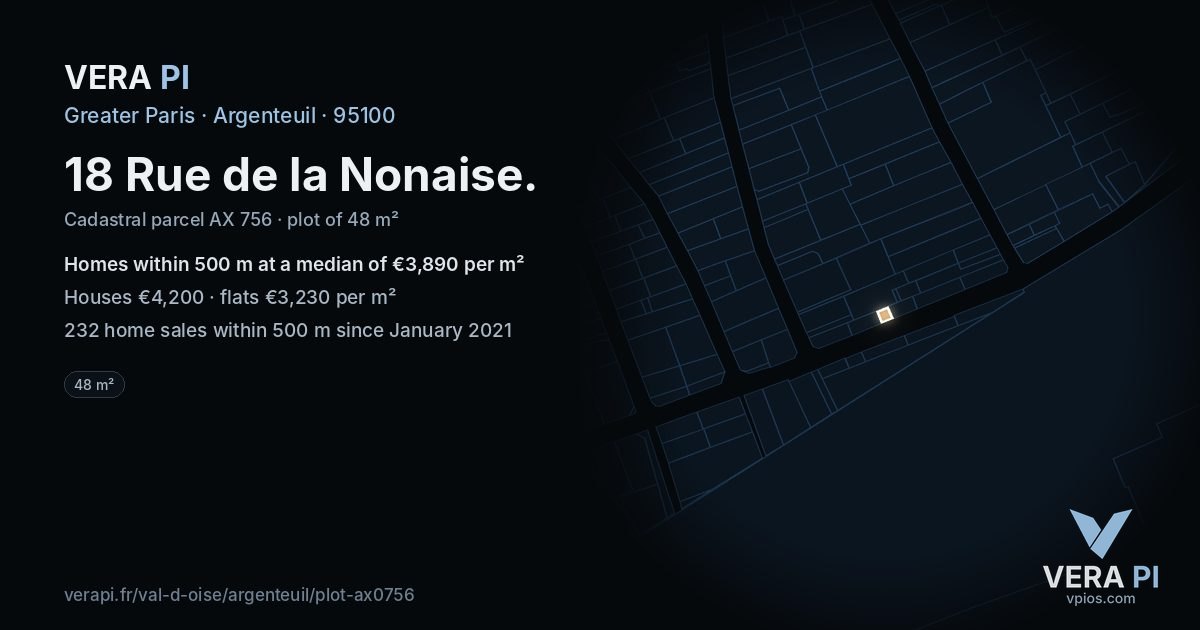 18 Rue de la Nonaise, Argenteuil at night – the plot lit, the parcels around coloured by the prices near them
