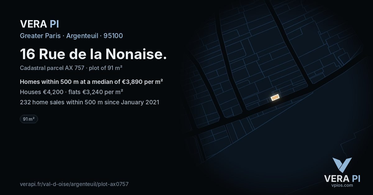 16 Rue de la Nonaise, Argenteuil at night – the plot lit, the parcels around coloured by the prices near them
