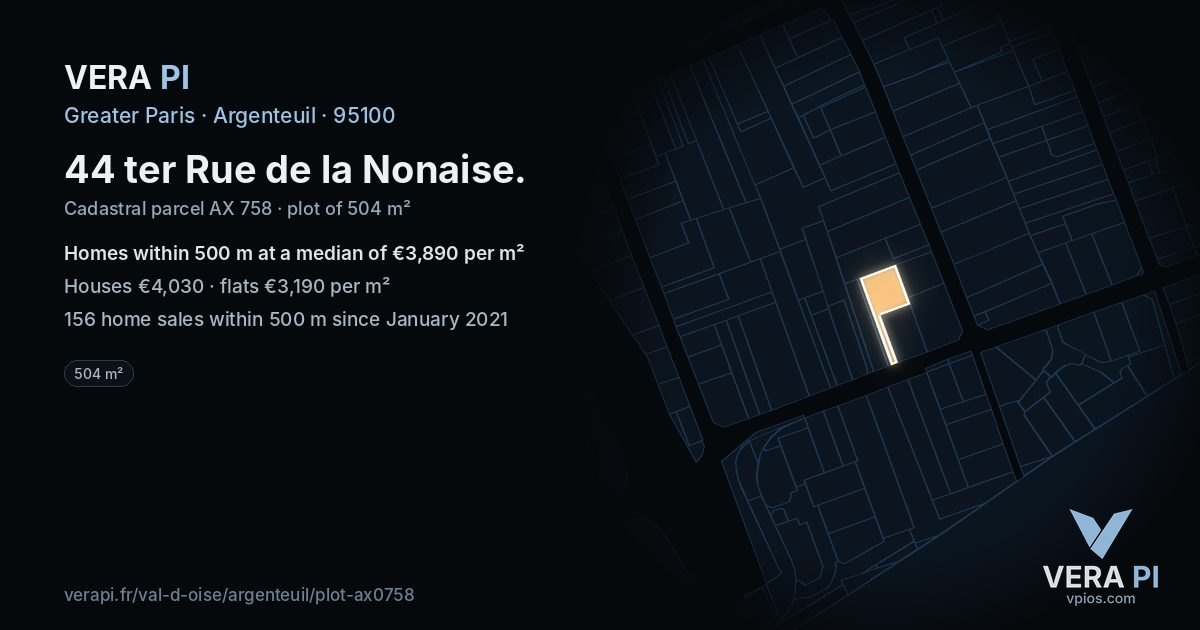 44 ter Rue de la Nonaise, Argenteuil at night – the plot lit, the parcels around coloured by the prices near them