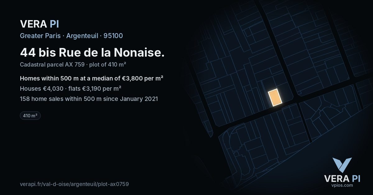 44 bis Rue de la Nonaise, Argenteuil at night – the plot lit, the parcels around coloured by the prices near them