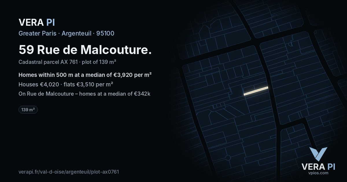 59 Rue de Malcouture, Argenteuil at night – the plot lit, the parcels around coloured by the prices near them