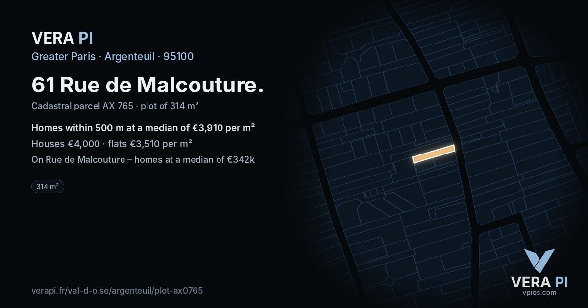 61 Rue de Malcouture, Argenteuil at night – the plot lit, the parcels around coloured by the prices near them