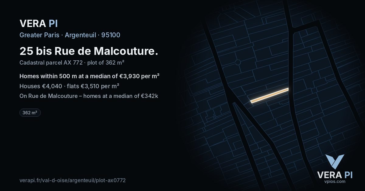 25 bis Rue de Malcouture, Argenteuil at night – the plot lit, the parcels around coloured by the prices near them