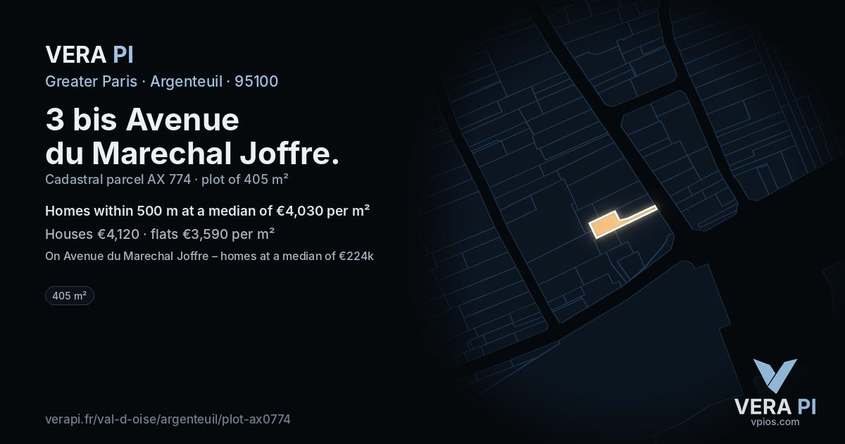 3 bis Avenue du Marechal Joffre, Argenteuil at night – the plot lit, the parcels around coloured by the prices near them
