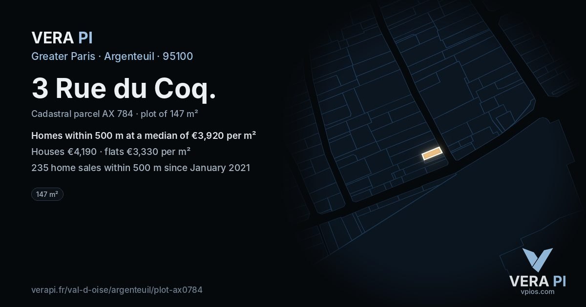 3 Rue du Coq, Argenteuil at night – the plot lit, the parcels around coloured by the prices near them