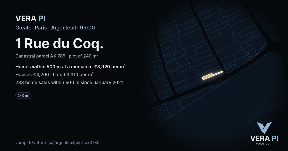 1 Rue du Coq, Argenteuil at night – the plot lit, the parcels around coloured by the prices near them