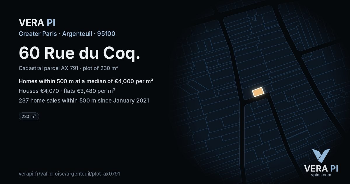 60 Rue du Coq, Argenteuil at night – the plot lit, the parcels around coloured by the prices near them