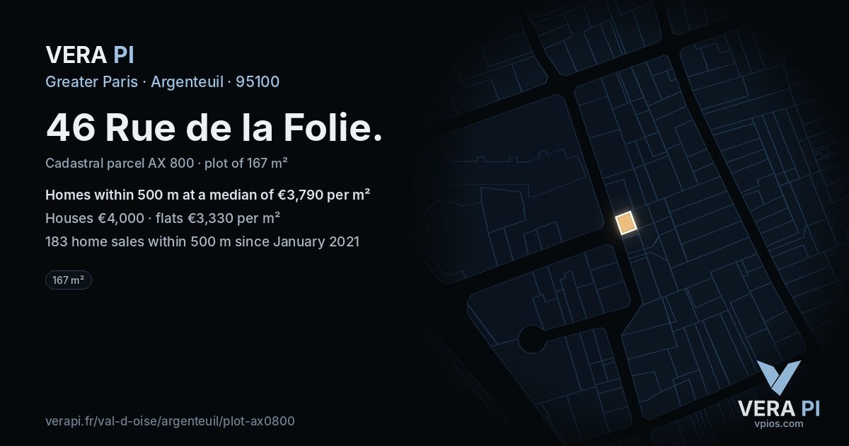 46 Rue de la Folie, Argenteuil at night – the plot lit, the parcels around coloured by the prices near them