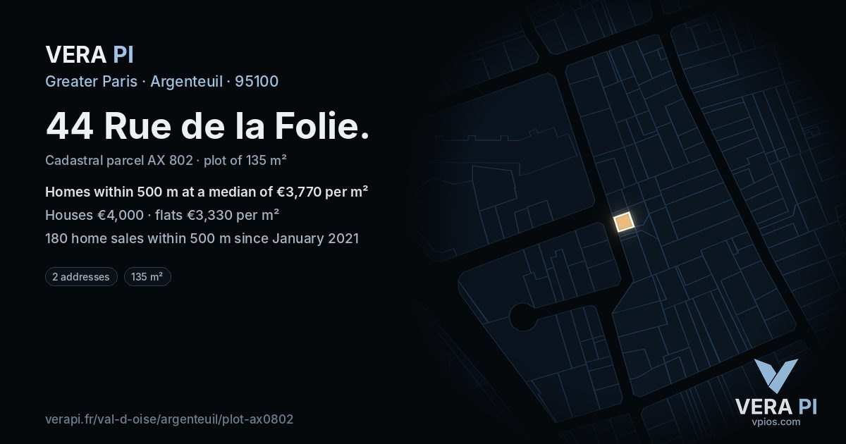 44 Rue de la Folie, Argenteuil at night – the plot lit, the parcels around coloured by the prices near them