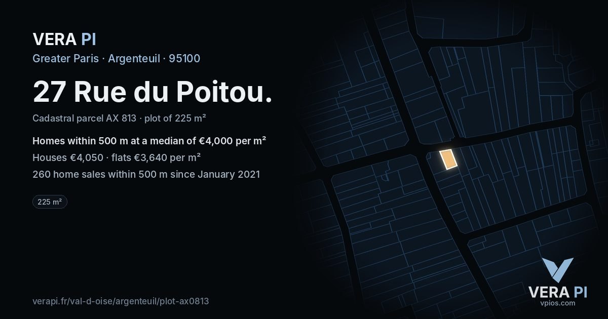 27 Rue du Poitou, Argenteuil at night – the plot lit, the parcels around coloured by the prices near them