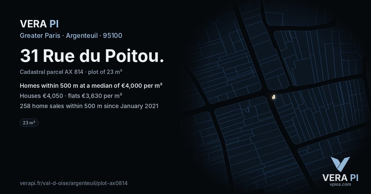 31 Rue du Poitou, Argenteuil at night – the plot lit, the parcels around coloured by the prices near them