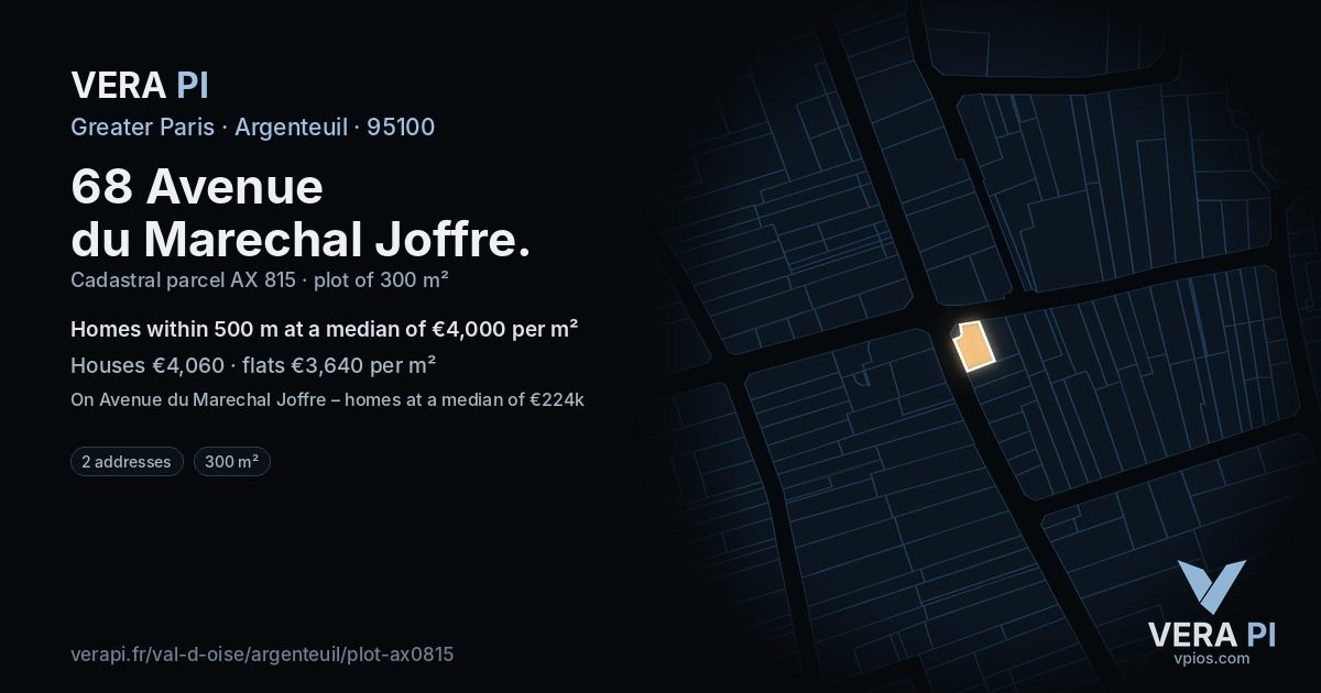 68 Avenue du Marechal Joffre, Argenteuil at night – the plot lit, the parcels around coloured by the prices near them
