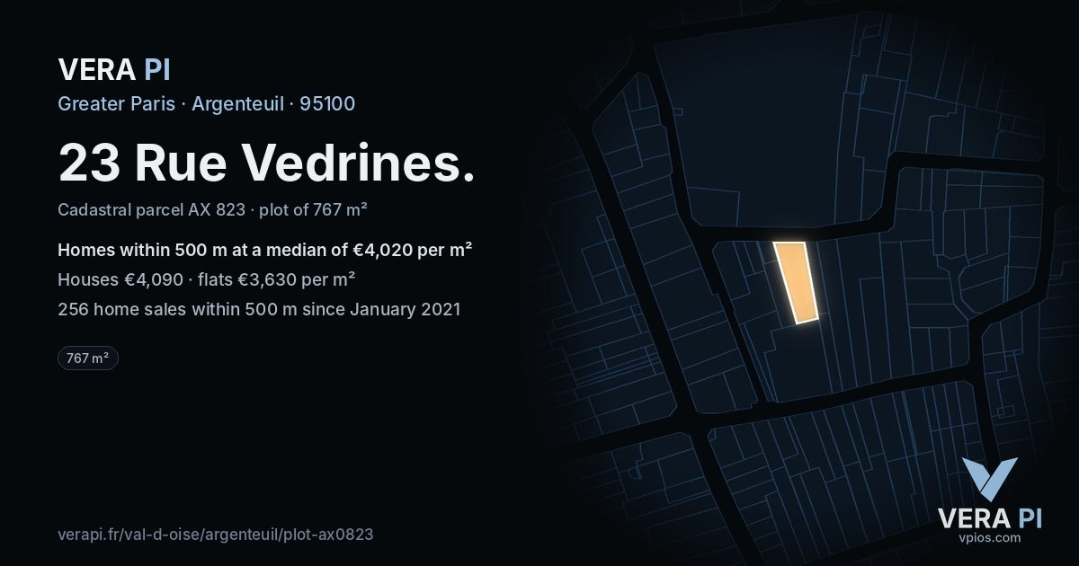 23 Rue Vedrines, Argenteuil at night – the plot lit, the parcels around coloured by the prices near them