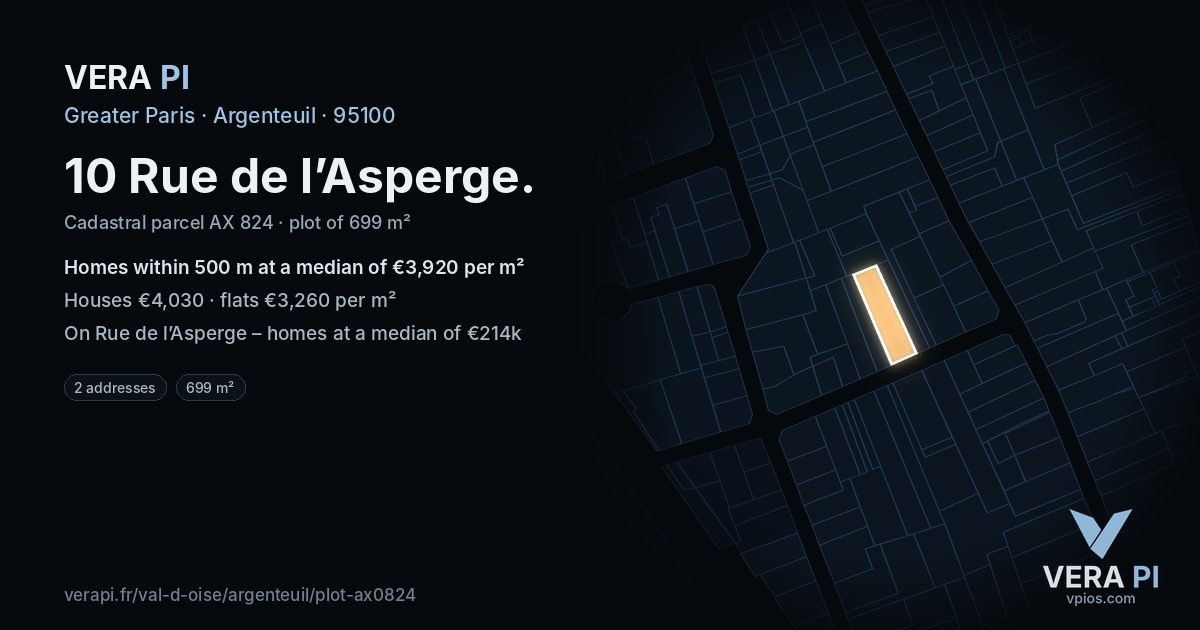 10 Rue de l’Asperge, Argenteuil at night – the plot lit, the parcels around coloured by the prices near them