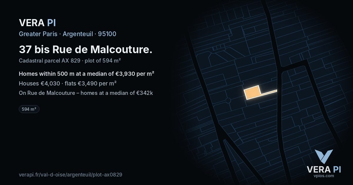 37 bis Rue de Malcouture, Argenteuil at night – the plot lit, the parcels around coloured by the prices near them