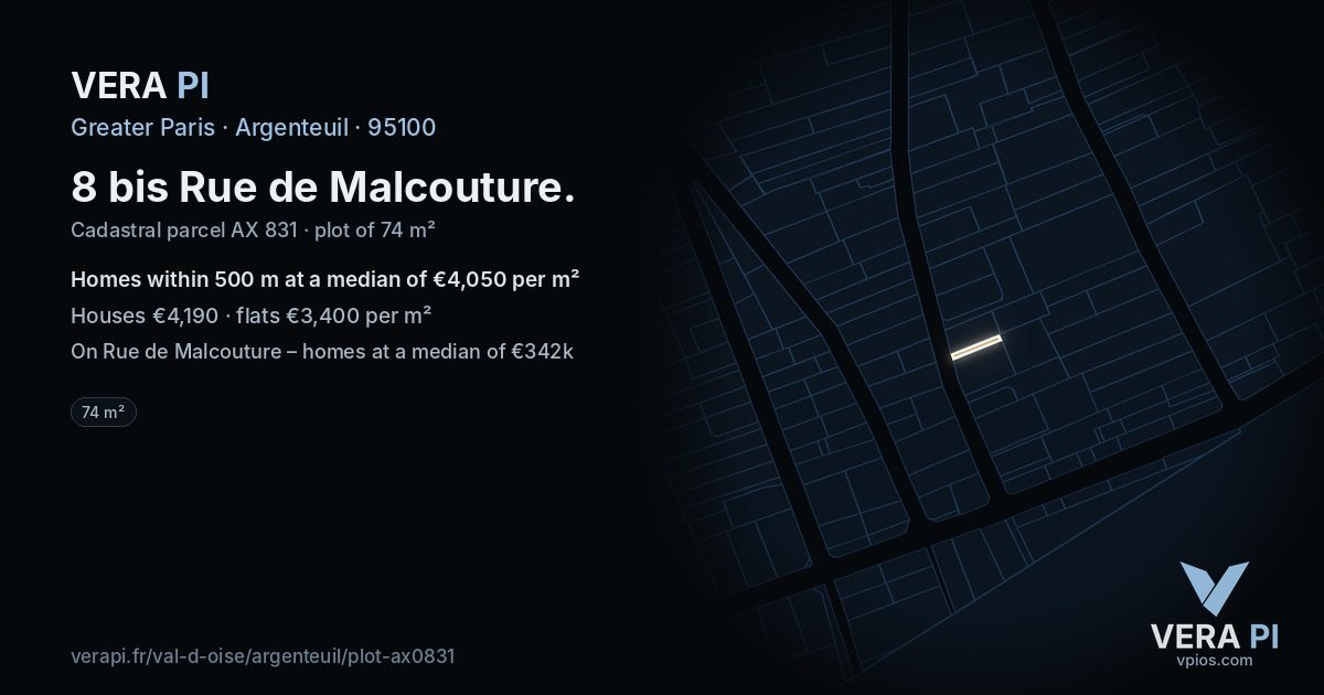 8 bis Rue de Malcouture, Argenteuil at night – the plot lit, the parcels around coloured by the prices near them