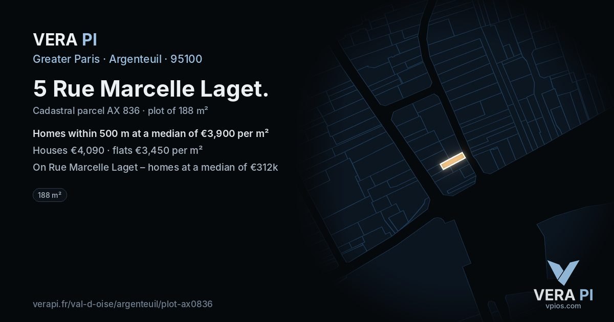 5 Rue Marcelle Laget, Argenteuil at night – the plot lit, the parcels around coloured by the prices near them