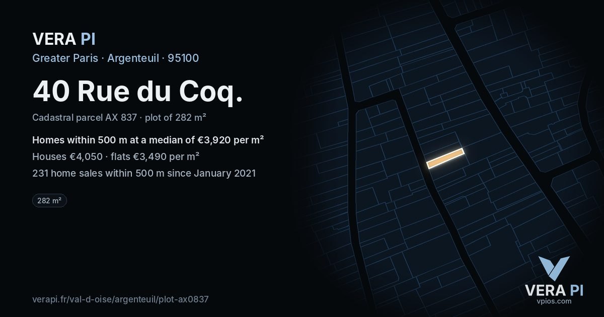 40 Rue du Coq, Argenteuil at night – the plot lit, the parcels around coloured by the prices near them