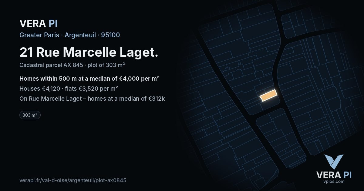 21 Rue Marcelle Laget, Argenteuil at night – the plot lit, the parcels around coloured by the prices near them
