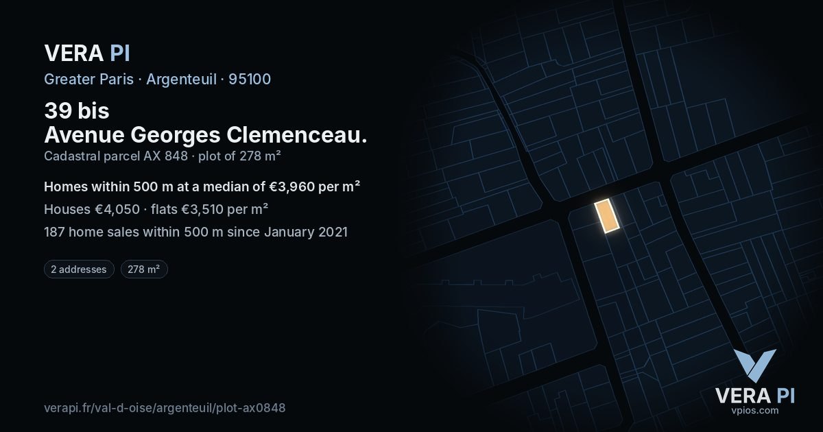 39 bis Avenue Georges Clemenceau, Argenteuil at night – the plot lit, the parcels around coloured by the prices near them