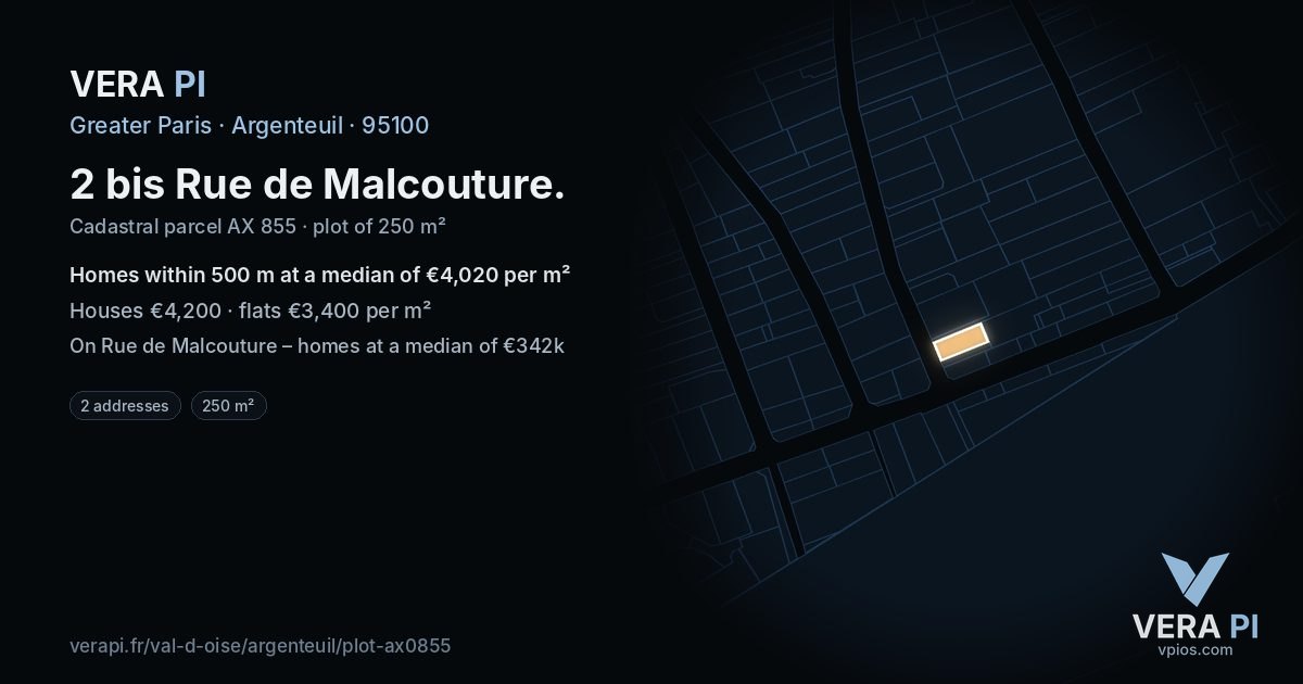 2 bis Rue de Malcouture, Argenteuil at night – the plot lit, the parcels around coloured by the prices near them