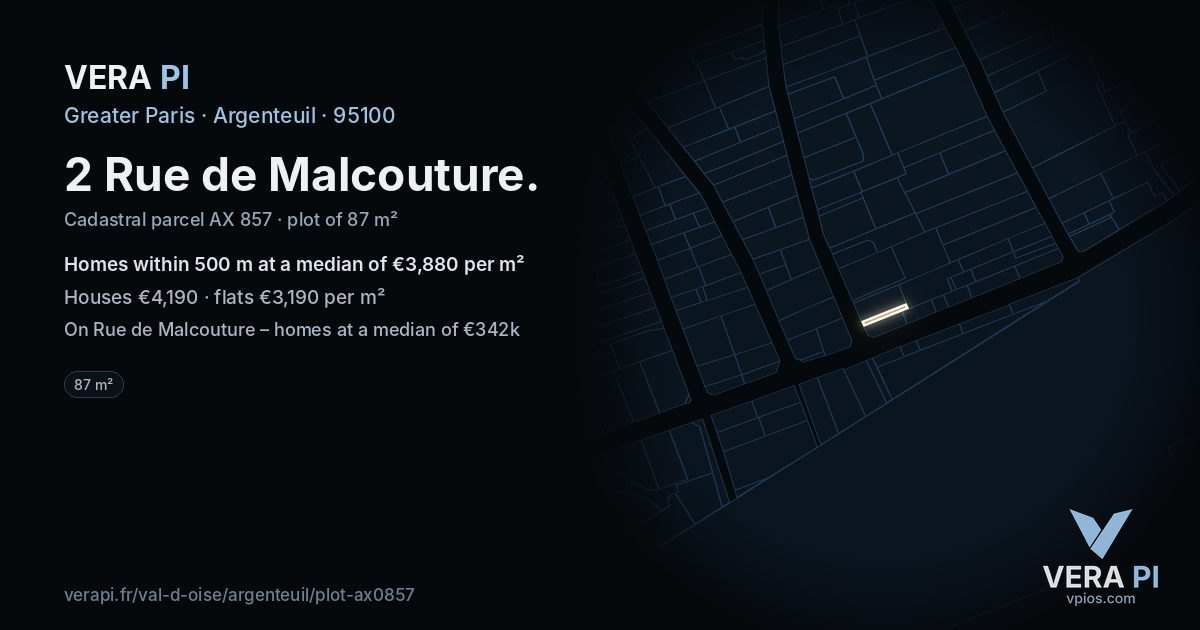 2 Rue de Malcouture, Argenteuil at night – the plot lit, the parcels around coloured by the prices near them