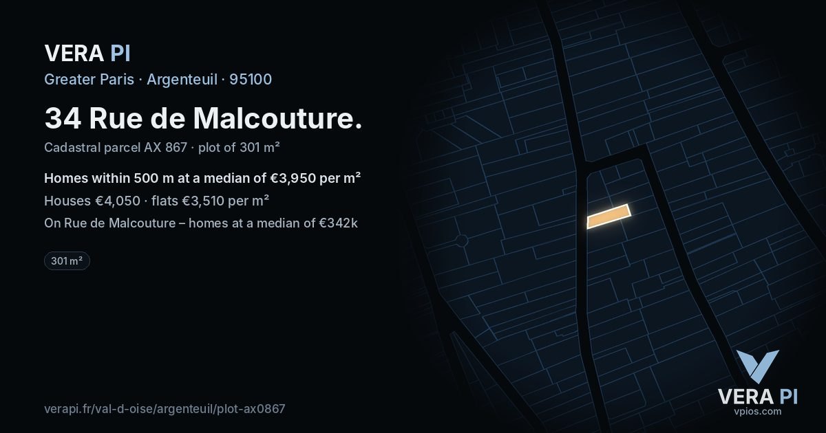 34 Rue de Malcouture, Argenteuil at night – the plot lit, the parcels around coloured by the prices near them