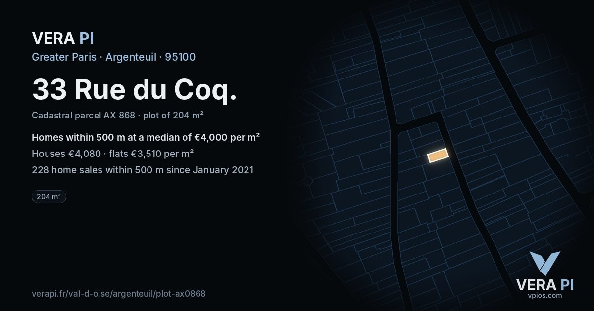 33 Rue du Coq, Argenteuil at night – the plot lit, the parcels around coloured by the prices near them
