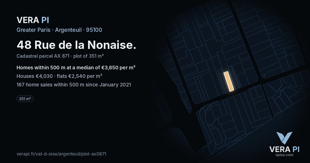 48 Rue de la Nonaise, Argenteuil at night – the plot lit, the parcels around coloured by the prices near them