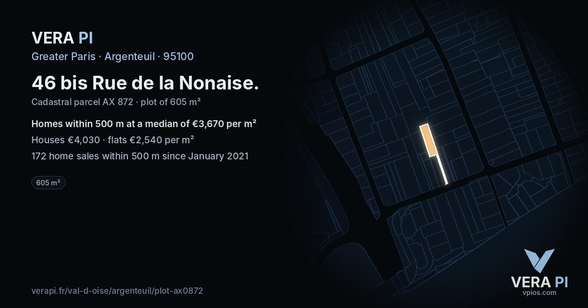 46 bis Rue de la Nonaise, Argenteuil at night – the plot lit, the parcels around coloured by the prices near them