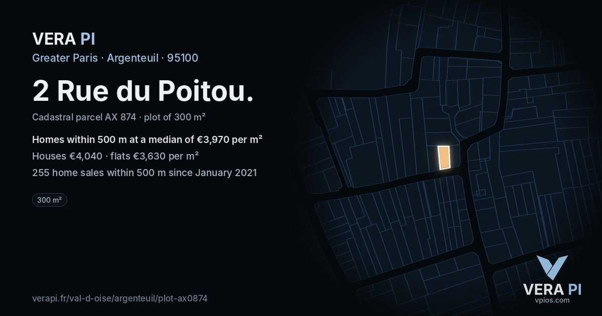 2 Rue du Poitou, Argenteuil at night – the plot lit, the parcels around coloured by the prices near them