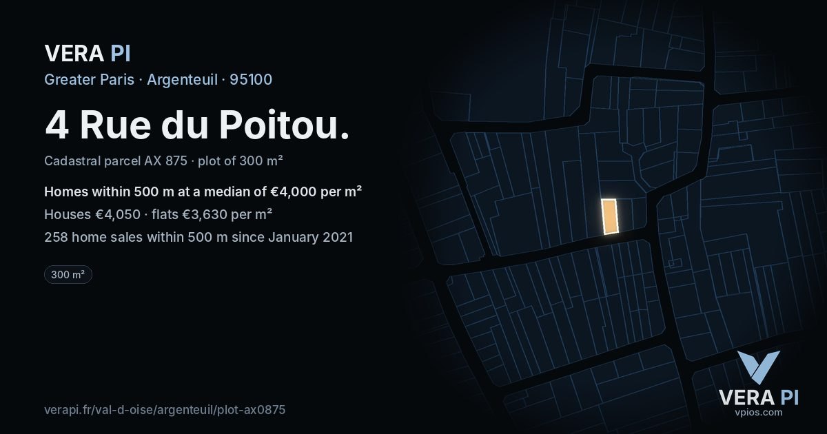 4 Rue du Poitou, Argenteuil at night – the plot lit, the parcels around coloured by the prices near them