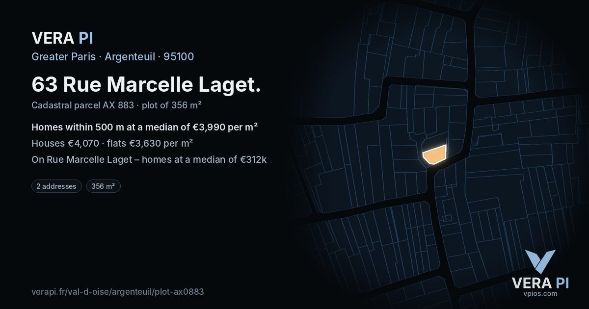 63 Rue Marcelle Laget, Argenteuil at night – the plot lit, the parcels around coloured by the prices near them