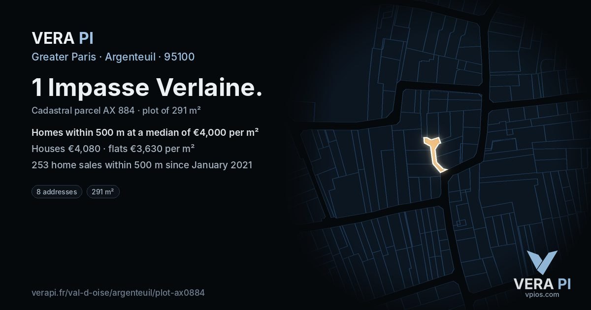 1 Impasse Verlaine, Argenteuil at night – the plot lit, the parcels around coloured by the prices near them