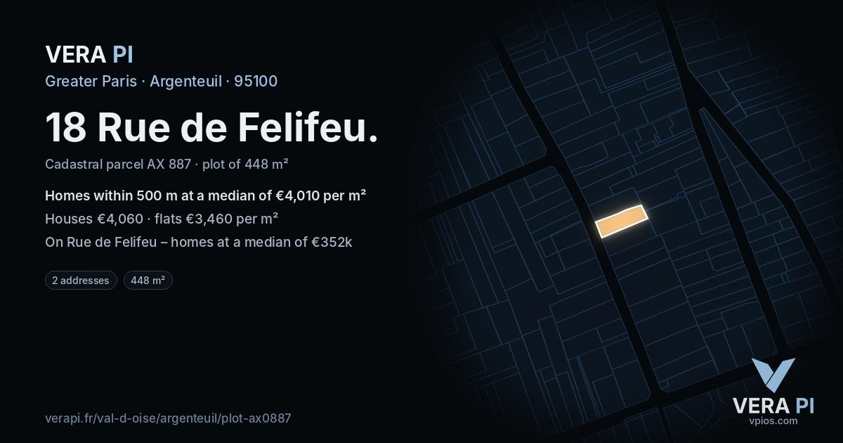 18 Rue de Felifeu, Argenteuil at night – the plot lit, the parcels around coloured by the prices near them