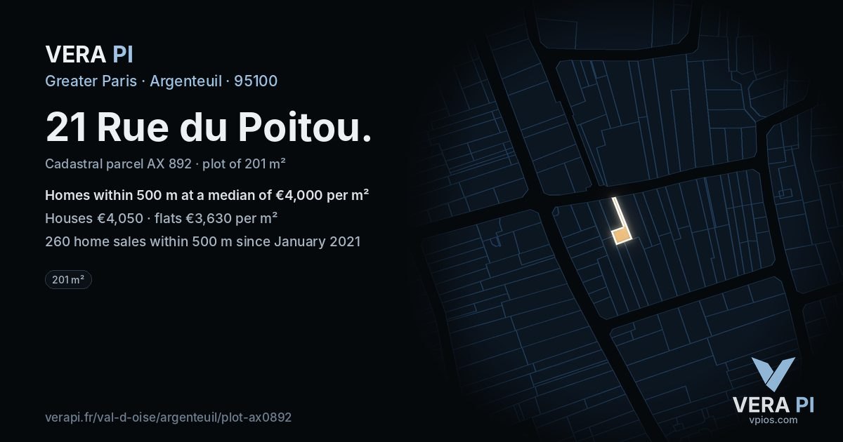 21 Rue du Poitou, Argenteuil at night – the plot lit, the parcels around coloured by the prices near them