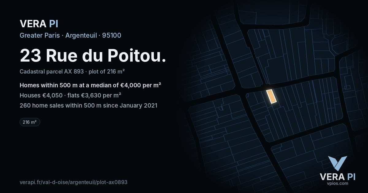 23 Rue du Poitou, Argenteuil at night – the plot lit, the parcels around coloured by the prices near them