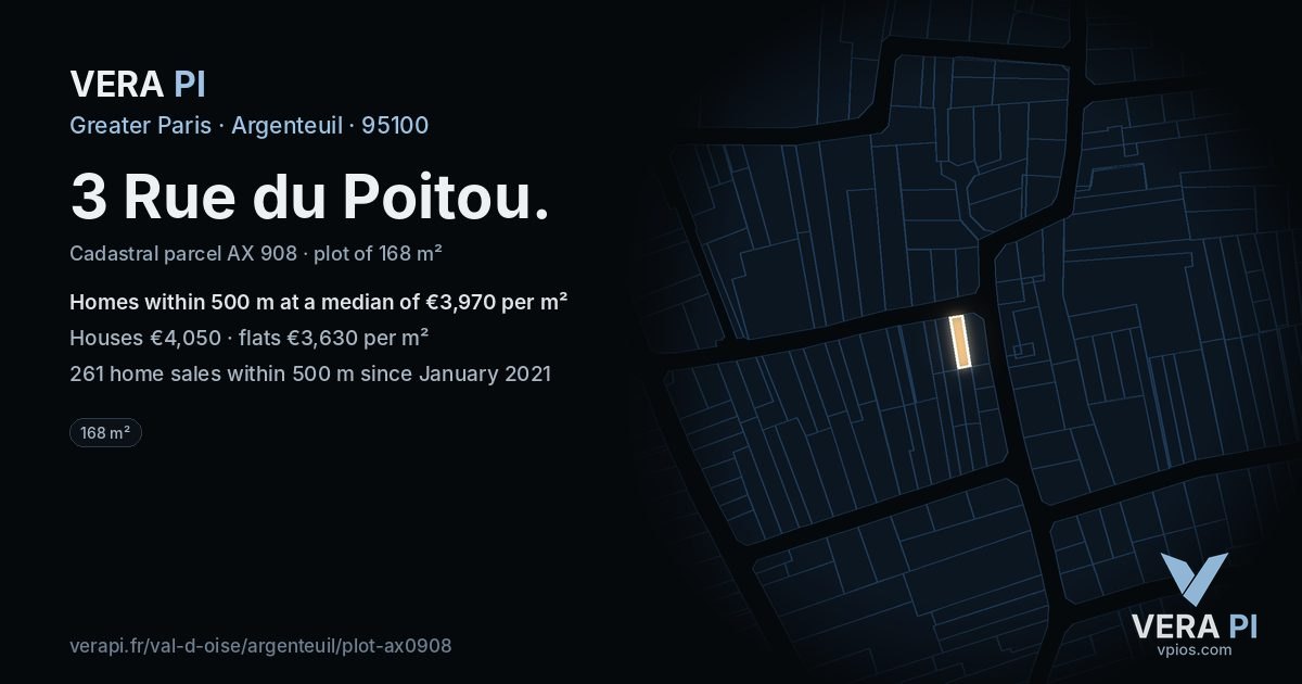 3 Rue du Poitou, Argenteuil at night – the plot lit, the parcels around coloured by the prices near them