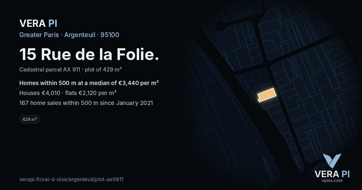 15 Rue de la Folie, Argenteuil at night – the plot lit, the parcels around coloured by the prices near them