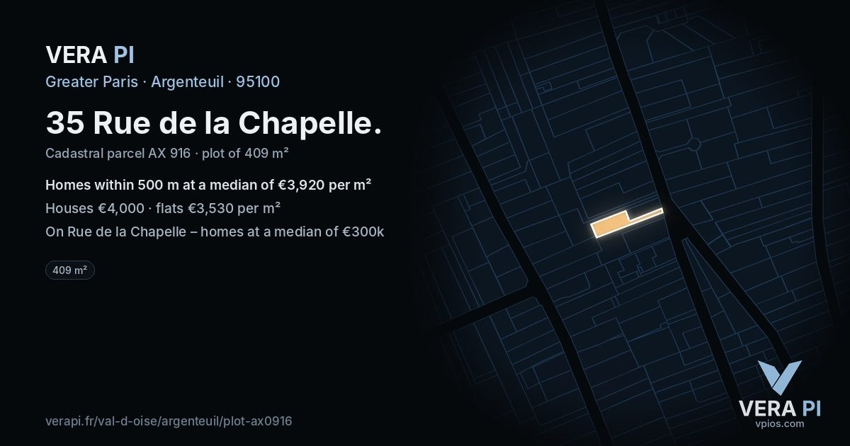 35 Rue de la Chapelle, Argenteuil at night – the plot lit, the parcels around coloured by the prices near them